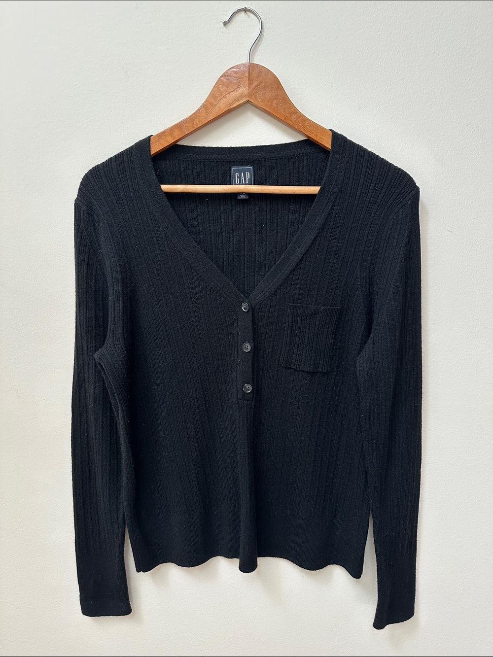 GAP Women's Black Ribbed Henley with Chest Pocket